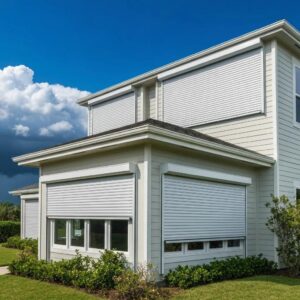 Coastal home with manual and motorized hurricane shutters demonstrating storm protection features