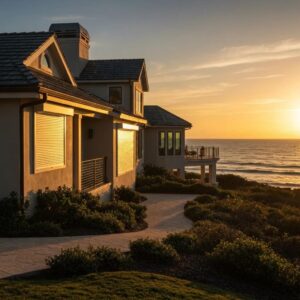 Coastal home with roll down and accordion hurricane shutters highlighting storm protection features