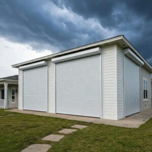 Coastal home with roll-down hurricane shutters closed against a stormy sky, emphasizing wind resistance and protection