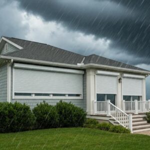 Coastal home with roll down hurricane shutters closed during a storm, illustrating storm preparedness and security