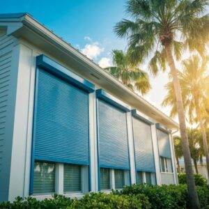 Coastal home with roll down hurricane shutters closed, highlighting home protection features