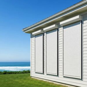 Coastal home with roll down hurricane shutters demonstrating manual and motorized options