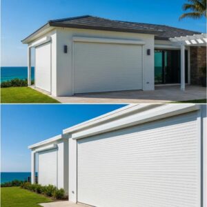 Coastal home with roll down hurricane shutters demonstrating storm protection and aesthetic appeal