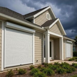 Coastal home with roll-down hurricane shutters demonstrating storm protection and durability