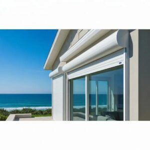 Coastal home with roll down hurricane shutters demonstrating storm protection and energy efficiency