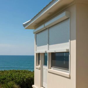Coastal home with roll-down hurricane shutters demonstrating storm protection features