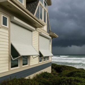 Coastal home with roll-down hurricane shutters demonstrating storm protection features