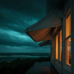 Coastal home with roll down hurricane shutters deployed against stormy weather