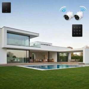 Coastal home with roll down hurricane shutters during a storm, emphasizing protection and durability