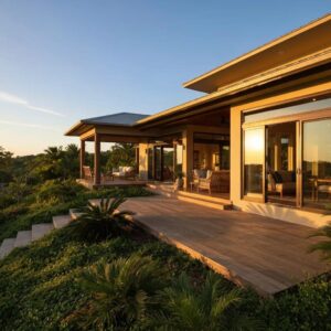 Coastal home with roll down hurricane shutters highlighting storm protection features