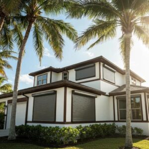 Coastal home with roll down hurricane shutters, highlighting storm protection features