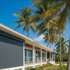 Coastal home with roll down hurricane shutters, highlighting storm protection features