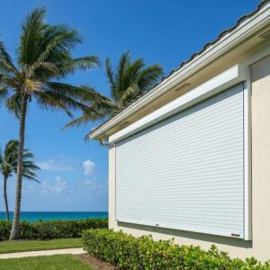 Coastal home with roll down hurricane shutters partially closed, illustrating storm protection