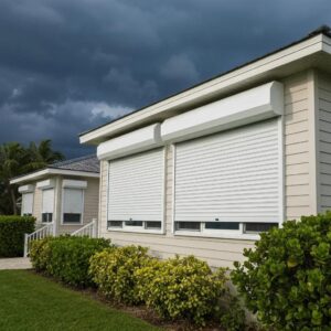 Coastal home with roll down hurricane shutters partially closed, illustrating storm protection
