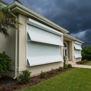 Coastal home with roll down hurricane shutters partially closed, illustrating storm protection and aesthetic appeal