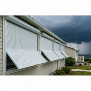 Coastal home with roll down hurricane shutters partially closed, illustrating storm protection features