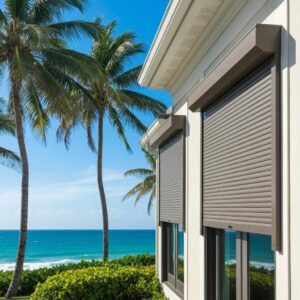 Coastal home with roll down hurricane shutters partially closed, showcasing storm protection features