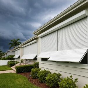 Coastal home with roll down hurricane shutters partially open, illustrating storm protection and aesthetic appeal