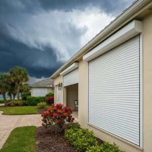 Coastal home with roll down hurricane shutters partially open, showcasing storm protection features