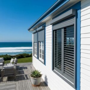 Coastal home with roll-down shutters highlighting storm protection and energy efficiency