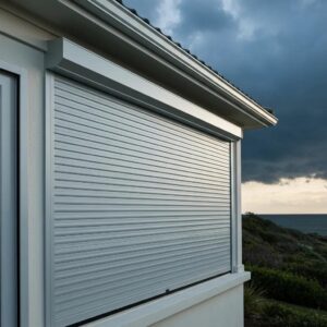 Coastal home with roll down shutters partially closed against a stormy sky