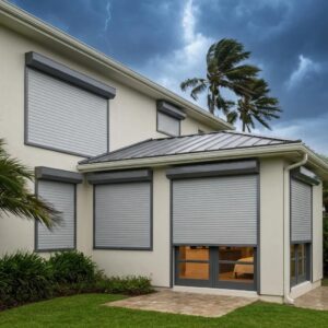 Coastal home with roll down shutters partially closed against stormy weather