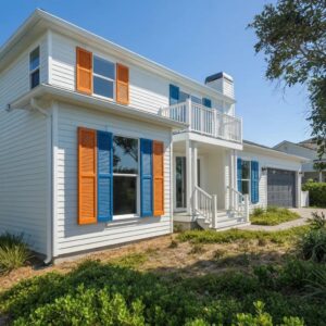 Coastal home with stylish accordion shutters enhancing curb appeal