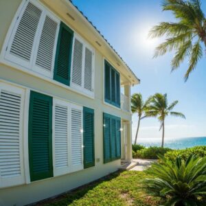 Coastal home with various hurricane shutters showcasing protection and aesthetic appeal