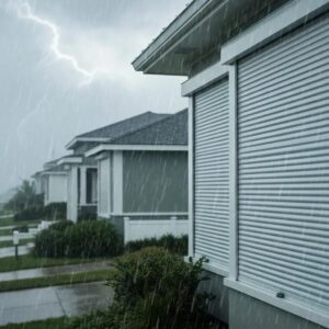 Coastal neighborhood with roll‑down shutters deployed during a storm showing real‑world performance