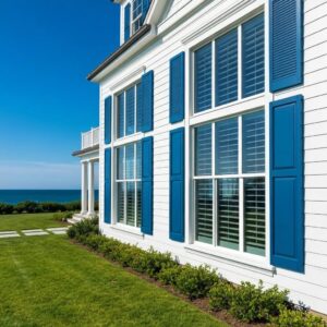 Colonial shutters adding traditional style and rated storm protection to a coastal home