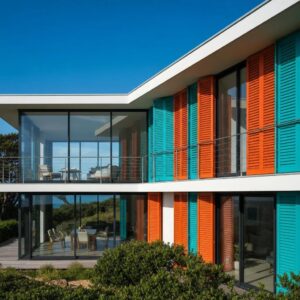 Colorful accordion shutters on a coastal home enhancing curb appeal