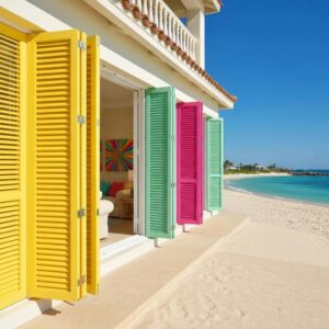 Colorful accordion shutters on a coastal home enhancing curb appeal and storm protection