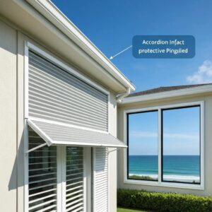 Comparison of accordion shutters and impact windows on a coastal home, highlighting hurricane protection options