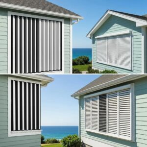 Side‑by‑side view of accordion and traditional hurricane shutters on a coastal property, illustrating functional differences