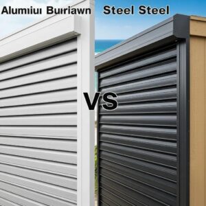 Comparison of aluminum and steel roll-down hurricane shutters in a coastal setting, highlighting their material differences