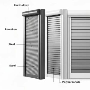 Side-by-side comparison of aluminum, steel, and polycarbonate roll-down shutters, highlighting different finishes and textures