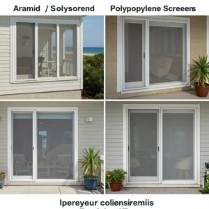 Comparison of aramid and polypropylene hurricane screens installed on a coastal home, highlighting material differences