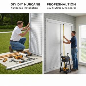 Side-by-side view of a homeowner and a professional installing hurricane shutters, showing differences in approach