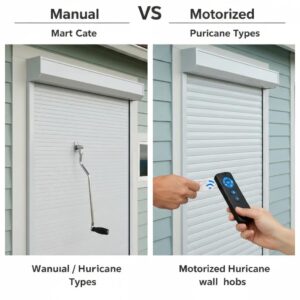 Side-by-side view of manual and motorized roll-down hurricane shutters on a coastal home