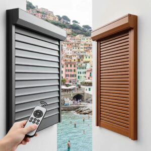 Side-by-side comparison of motorized and manual roll-down hurricane shutters on a coastal home