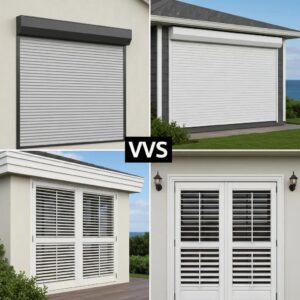 Side‑by‑side view comparing roll‑down and traditional shutters on a coastal house