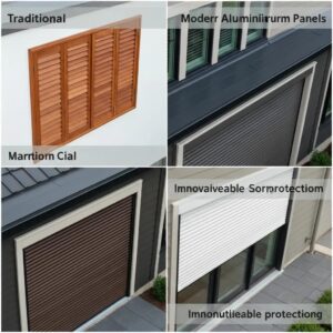 Array of storm protection options: roll down, accordion, and removable panels in a coastal setting