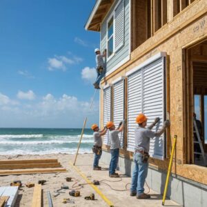 Workers installing rated hurricane shutters, highlighting wind‑load anchors