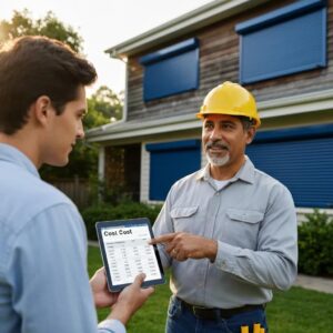 Contractor explaining installation costs of roll down hurricane shutters to a homeowner