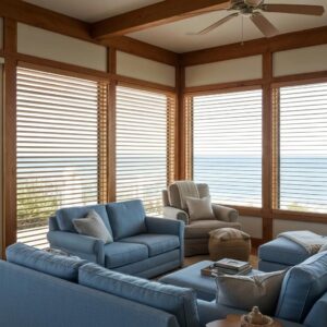 Interior view showing closed roll-down shutters creating a quieter, cooler room