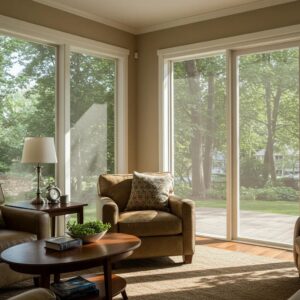 Cozy living room with hurricane mesh screens, showcasing energy-saving benefits and interior preservation