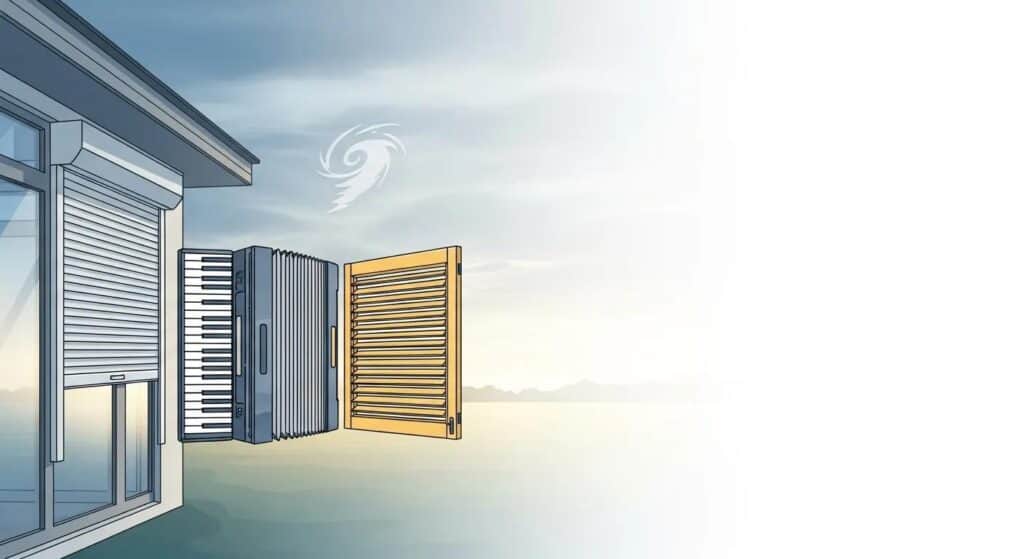 Conceptual illustration of an accordion between a window with roller shutter and shutter window; storm in the sky,