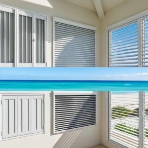 Assorted aluminum hurricane shutter styles installed on a coastal home