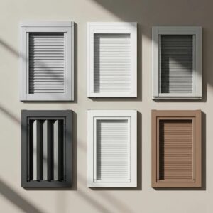 Several accordion shutter styles and finishes suited to coastal conditions