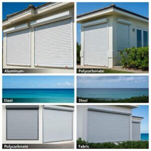 Different types of roll-down hurricane shutters on a coastal home, showcasing storm protection and aesthetic appeal